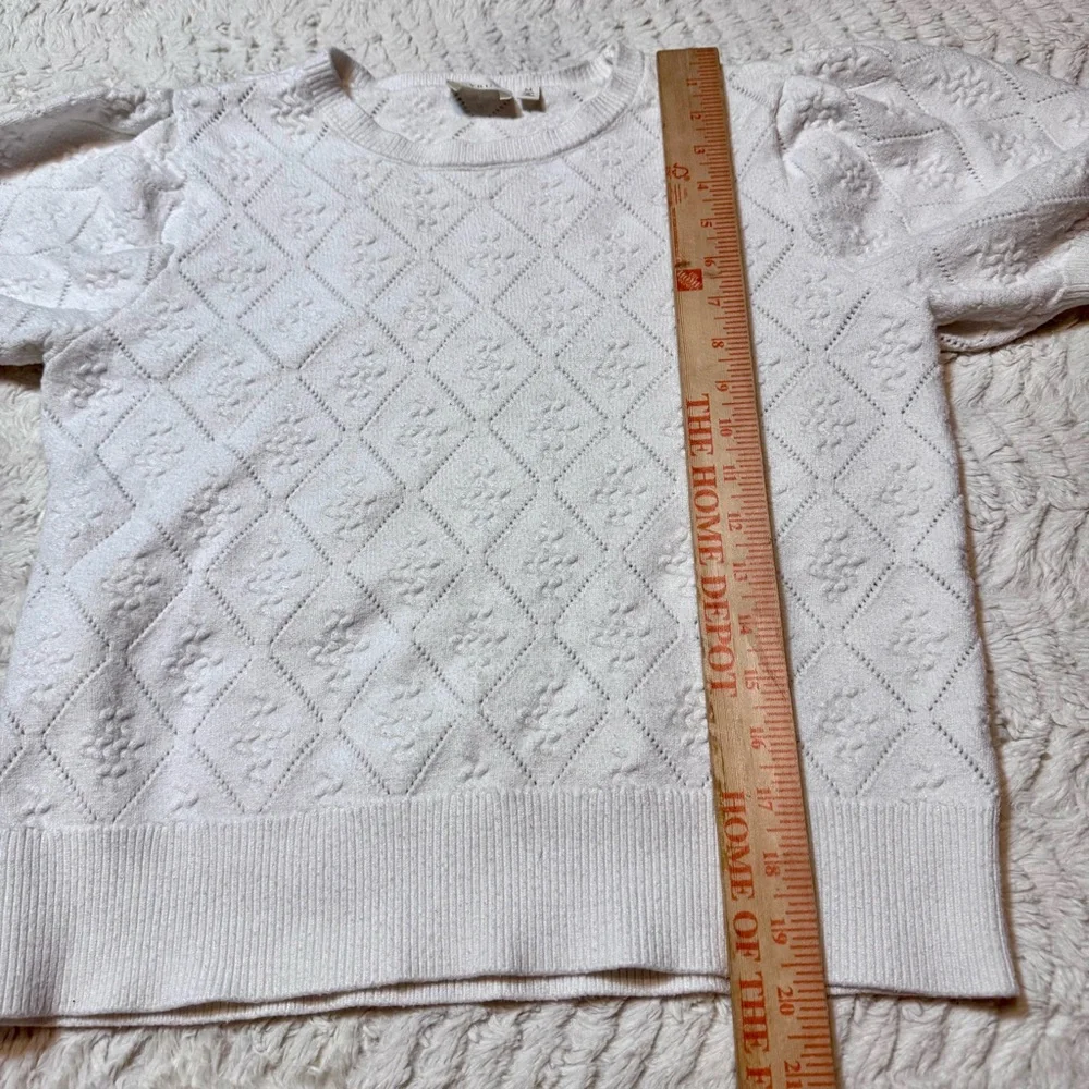 White Short Sleeve Pointelle Knit Sweater| Puff Sleeves Medium cottagecore - Picture 2 of 5